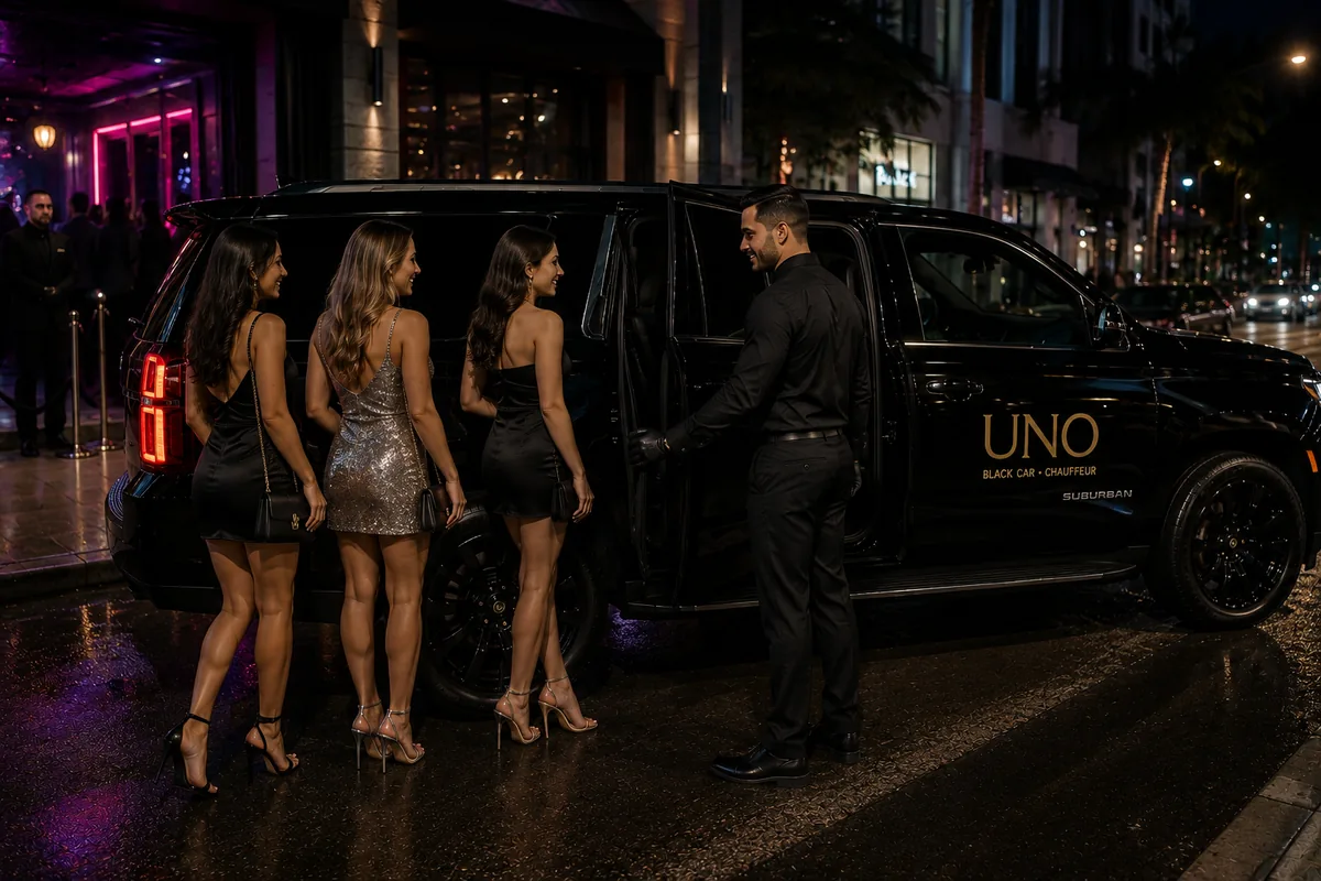 Chauffeur opening the door of a black Suburban for guests arriving for an evening out
